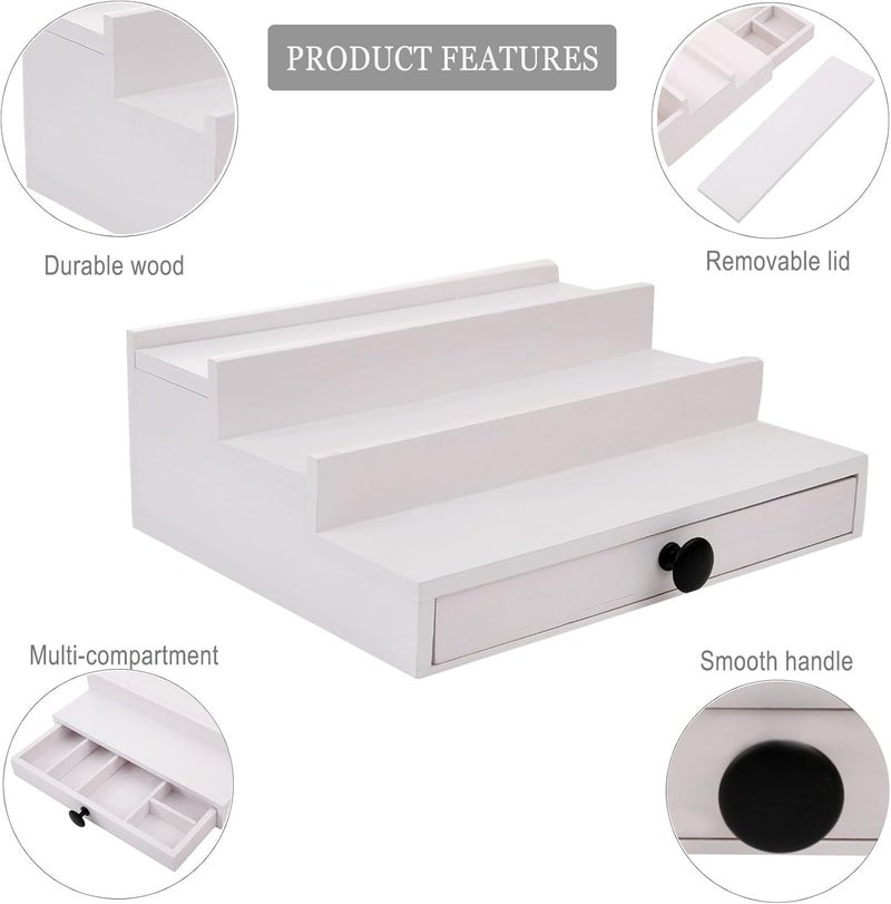 Fengligoo White Cologne Organizer for Men - 3 Tier Wooden Perfume Display Stand with Drawer and Hidden Compartment for Organizing and Storing, Cologne Holder Shelf for Dresser - Image 4